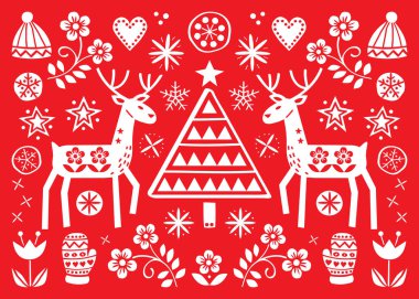 Ren geyiği, çiçekler, Xmas ağacı ve kış giysileri desen beyaz kırmızı arka plan - Merry Christmas dekorasyon ile Noel halk tebrik kartı. Geyik, eldiven ve kış şapka - tekrarlayan illüstrasyon ile şirin İskandinav tarzı retro tasarımı
