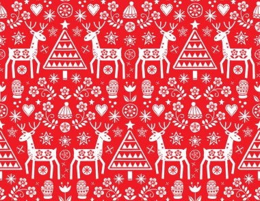 Noel Halk sanat vektör seamless modeli ile Ren geyiği, çiçekler, kırmızı arka plan - Merry Christmas süsleme beyaz Xmas ağaç ve kış giysi tasarımı. Geyik, eldiven ve kış şapka - tekrarlayan şirin İskandinav tarzı retro dekorasyon