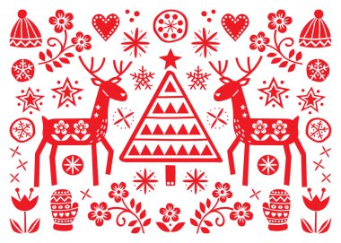 Ren geyiği, çiçekler, kırmızı beyaz arka planda - Merry Christmas dekorasyon Xmas ağacı ve kış giyim deseni ile Noel halk tebrik kartı