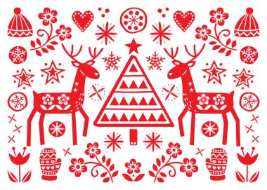 Christmas folk art greeting card with reindeer, flowers, Xmas tree and winter clothes pattern in red on white background - Merry Christmas decoration clipart