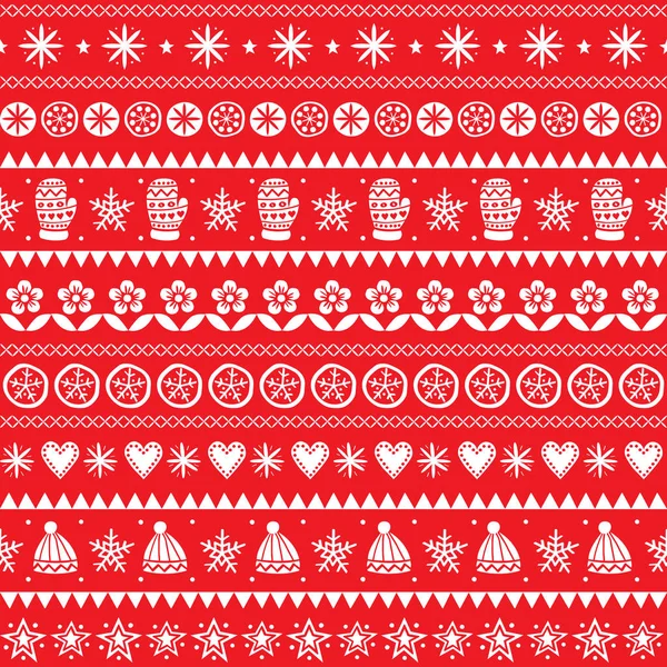 冬季民间艺术矢量无缝图案 圣诞白色装饰手绘风格 复古背景上的红色 — 图库矢量图片