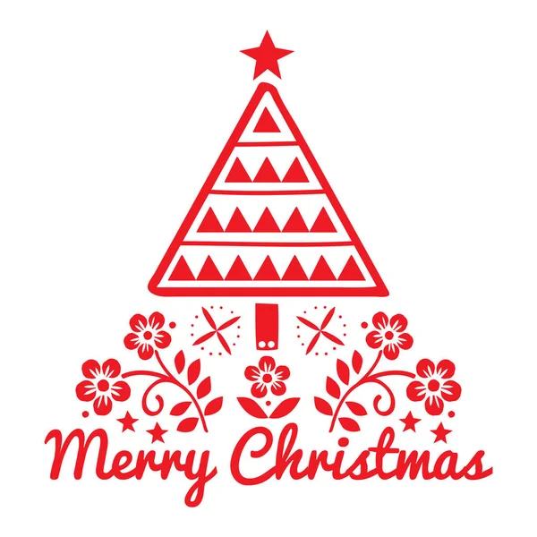 圣诞民间艺术贺卡与圣诞树和鲜花图案在红色的白色背景 圣诞快乐装饰 可爱的斯堪的纳维亚风格的复古设计 单色正方形背景 — 图库矢量图片