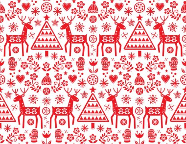 Noel Halk sanat vektör seamless modeli ile Ren geyiği, çiçekler, kırmızı beyaz arka planda - Merry Christmas süsleme Xmas ağacı ve kış giysi tasarımı