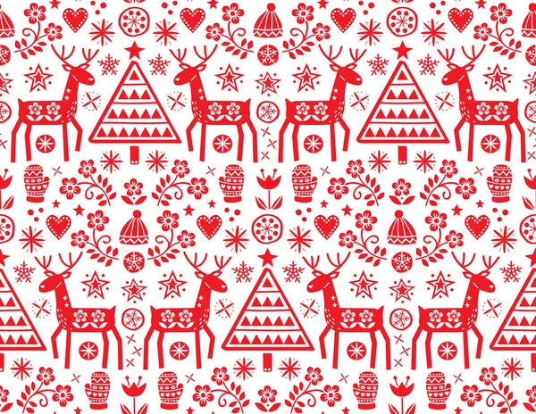 Christmas Folk Art Vector Seamless Pattern Reindeer Flowers Xmas Tree — Stock Vector