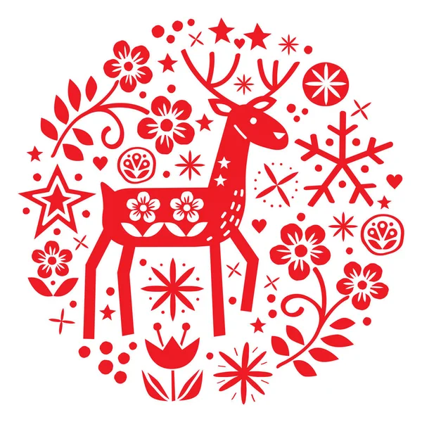 Christmas Folk Art Greeting Card Xmas Tree Flowers Pattern White — Stock Vector