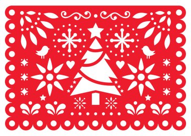 Noel pasoyu Picado vektör tasarımı, Meksika Xmas kağıt süslemeleri, kırmızı ve beyaz 5 x 7 tebrik kartı desen