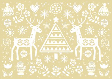 Ren geyiği, çiçekler, Xmas ağacı ve kış giysileri desen beyaz altın arka plan - Merry Christmas dekorasyon ile Noel halk tebrik kartı. Geyik, eldiven ve kış şapka - tekrarlayan illüstrasyon ile şirin İskandinav tarzı retro tasarımı