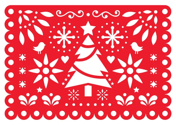 Christmas Papel Picado Vector Design Mexican Xmas Paper Decorations Red — Stock Vector