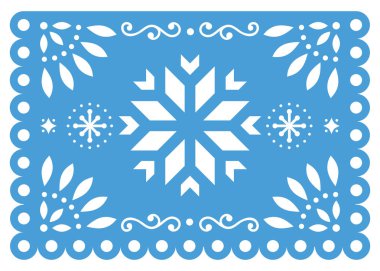 Kar tanesi, Meksika kış kağıt süslemeleri, mavi ve beyaz 5 x 7 tebrik kartı desen tasarım vektör Noel pasoyu Picado. Festival Xmas parti afiş Noel kar tanesi ve çiçeklerle Meksika çelenk esinlenerek