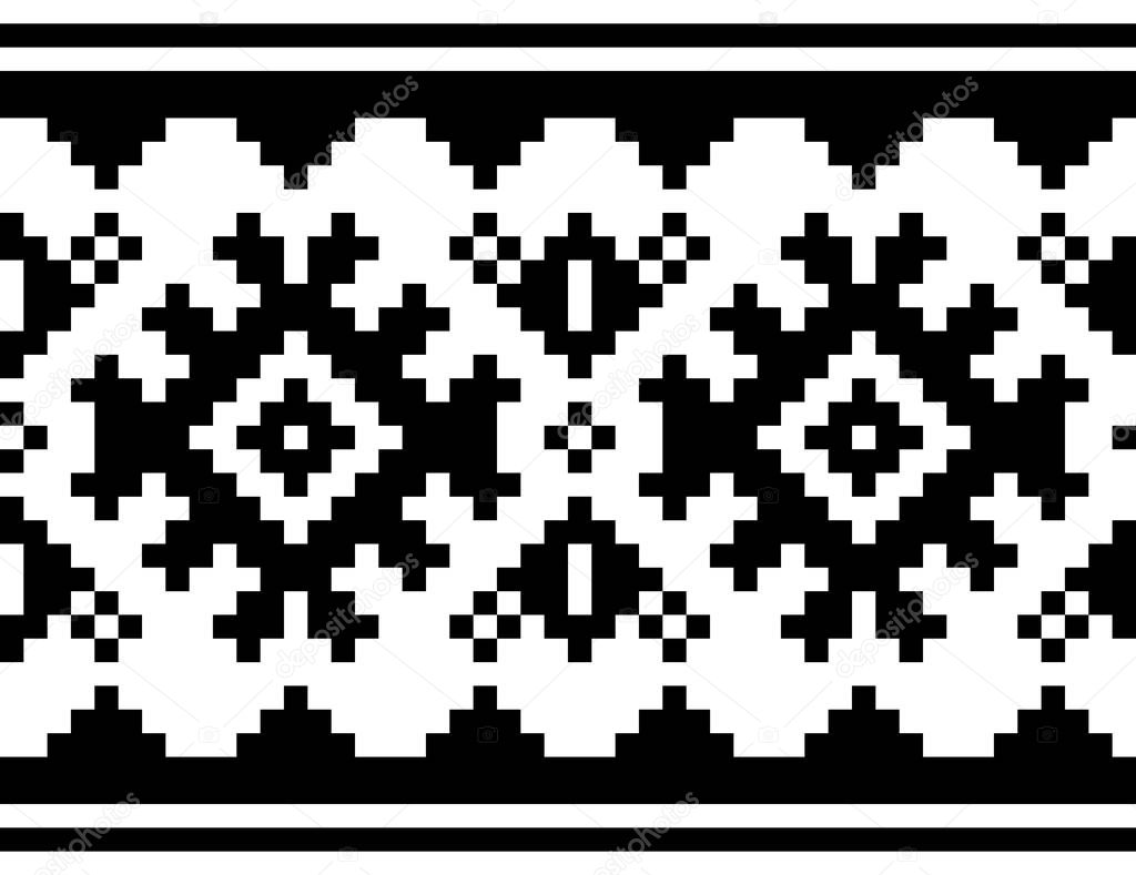 Winter vector pattern - Sami people traditional cross-stitch embroidery design, Scandinavian folk art - black and white.Repetitive design inspired by traditional fashion worn by Laplanders, repetitive monochrome textile background