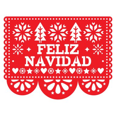Feliz Navidad pasoyu Picado vektör tasarım, Meksika Noel tebrik kartı, kırmızı ve beyaz kağıt garland dekorasyon desen. Festival kırmızı parti afiş metin, Noel ağaçları, yıldız, kar taneleri ve çiçekler ile Meksika çelenk esinlenerek