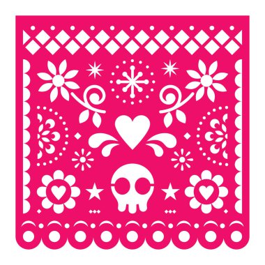 Meksika pasoyu Picado vektör, pembe retro kağıt fiesta dekorasyon Meksika'dan kafatası, çiçek ve geometrik şekiller. Şablon şeker kafatası ve çiçekler, traditonal parti süslemeleri ile kesmek