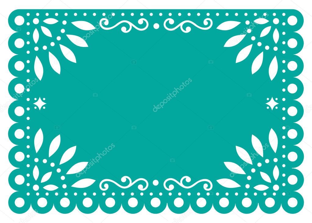 Papel Picado vector template design in turquoise, Mexican paper decoration with flowers and geometric shapes. Traditional banner form Mexico, Cut out floral retro composition isolated on white  