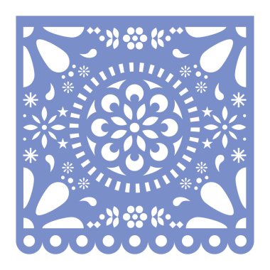 Meksika pasoyu Picado kesme vektör tasarımı, çiçekler ve geometrik desen ile mutlu mor kağıt fiesta dekorasyona Meksika'dan. Şablon, Meksika, soyut ve çiçek süsleme - tebrik kartı ile kare tasarım geleneksel parti dekor kesip 