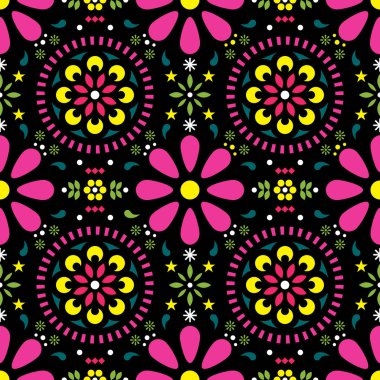 Meksika çiçek vektör seamless modeli, geleneksel halk sanatları renkli fiesta tasarım siyah arka plan üzerine. Çiçekler ve soyut şekiller Meksika'dan retro süsler esinlenerek ile duvar kağıdı