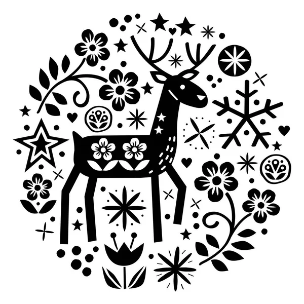 クリスマス ベクトルのラウンド トナカイ 白背景 メリー クリスマスの装飾に黒でかわいい北欧民芸パターン デザイン サークルのかわいい北欧風白黒レトロなグリーティング カード イラスト — ストックベクタ