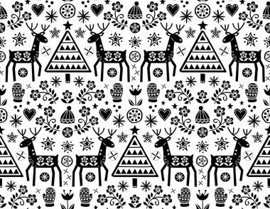 Noel Halk sanat vektör seamless modeli ile Ren geyiği, çiçekler, siyah beyaz arka plan - Merry Christmas süsleme Xmas ağacı ve kış giysi tasarımı. 