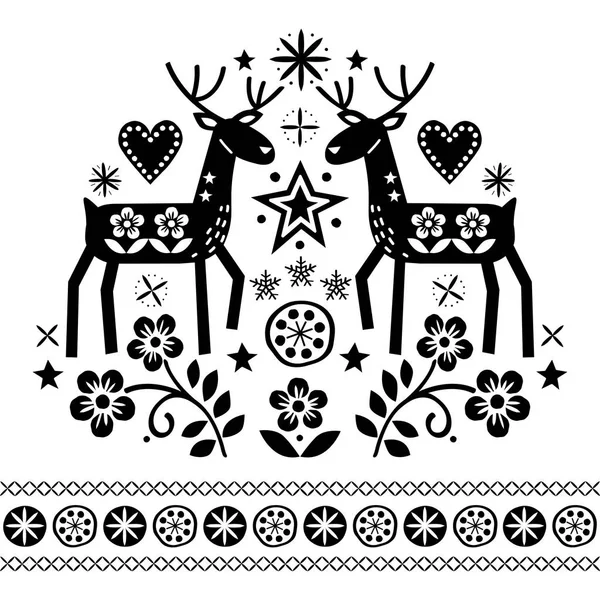 Weihnachtsvektordesign Mit Rentieren Blumen Skandinavischen Volkskunst Mustern Schwarz Auf Weißem — Stockvektor