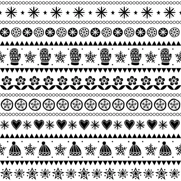 冬季民俗芸術ベクターのシームレスなパターン クリスマス黒と白の飾り手描きスタイル レトロな背景 — ストックベクタ