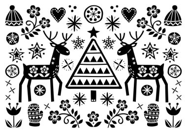 Ren geyiği, çiçekler, Xmas ağacı ve kış giysileri desen siyah beyaz arka plan - Merry Christmas dekorasyon ile Noel halk tebrik kartı. Şirin İskandinav tarzı tek renkli retro tasarım geyik, eldiven ve kış şapka - tekrarlayan 