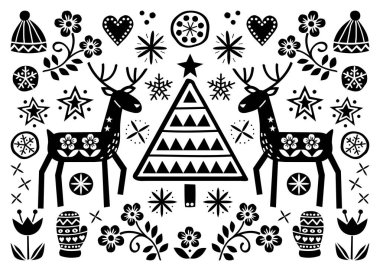 Christmas folk art greeting card with reindeer, flowers, Xmas tree and winter clothes pattern in black on white background - Merry Christmas decoration. Cute Scandinavian style monochrome retro design with deer, gloves and winter hats - repetitive  clipart