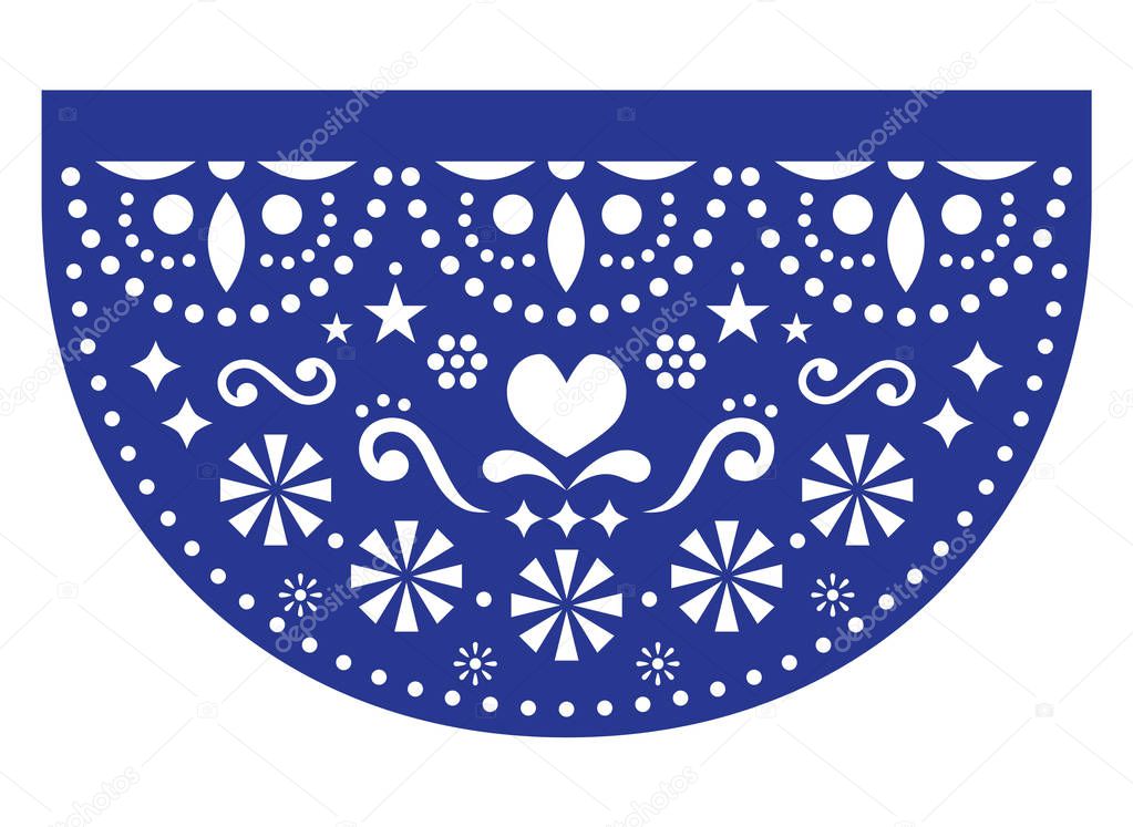 Mexican fiesta vector template design, Papel Picadp paper cut out  with floral and geometric pattern, traditional party decoration from Mexico. Navy blue background inspired by folk art from Mexico - perfect for greeting card, invitation or party dec