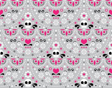 Meksika Halk sanat vektör kafatasları, çiçekler ve soyut şekiller, pembe, beyaz ve gri Tekstil tasarımı geleneksel sanat formu Meksika tarafından ilham ile seamless modeli  