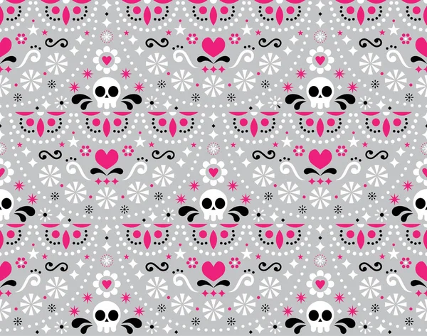 Mexican Folk Art Vector Seamless Pattern Skulls Flowers Abstract Shapes — Stock Vector