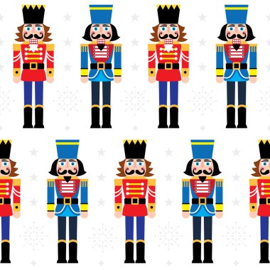 Noel Fındıkkıran vektör seamless modeli - beyaz arka plan üzerinde kar taneleri ile asker heykelcik tekrarlanan süsleme