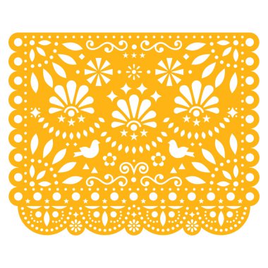 Pasoyu Picado vektör çiçek tasarım kuşlar, Meksika kağıt süsleme şablonunda sarı, geleneksel fiesta afiş. Halk sanatı, retro süsleme formu Meksika, üzerinde beyaz izole çiçekler ile kompozisyon kesmek  