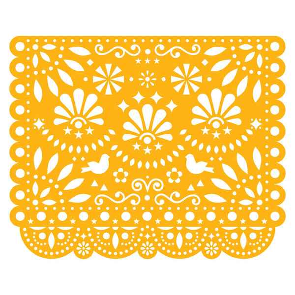 Papel Picado vector floral design with birds, Mexican paper decorations template in yellow, traditional fiesta banner. Folk art, retro ornament form Mexico, cut out composition with flowers isolated on white  