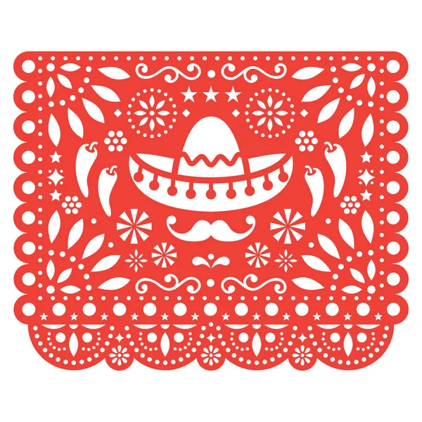 Papel Picado Vektor Virág Rajzolatú Sombrero Chili Paprikával Mexikói Papír — Stock Vector