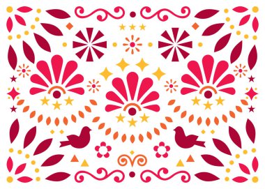 Çiçekler ve kuşlar, turuncu ve kırmızı tebrik kartı veya davet tasarım Meksika geleneksel sanat ilham ile Meksika geleneksel halk sanat vektör geometrik desen. Beyaz - Meksika stili soyut şekilleri ile simetrik çiçek dekorasyonu  