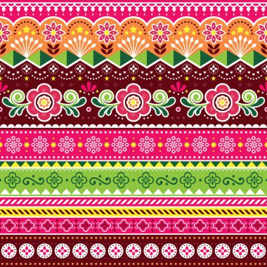 Pakistanlı kamyon sanat vektör seamless modeli, Hint kamyon çiçekler, yapraklar ve soyut şekilleri ile çiçek tasarım. Çiçekler ve swirls ile geleneksel kamyon ve çekçek boyalı süslemeler renkli yinelenen arka plan esinlenerek