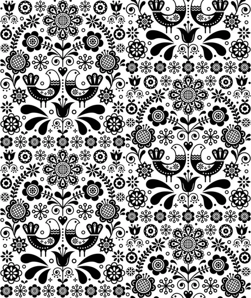 スカンジナビアのシームレスな民芸ベクトル パターン モノクロ飾り花の反復的な背景 白い背景のフォーク風のスタイルで装飾的な花民族壁紙 黒レトロなテキスタイル デザイン — ストックベクタ