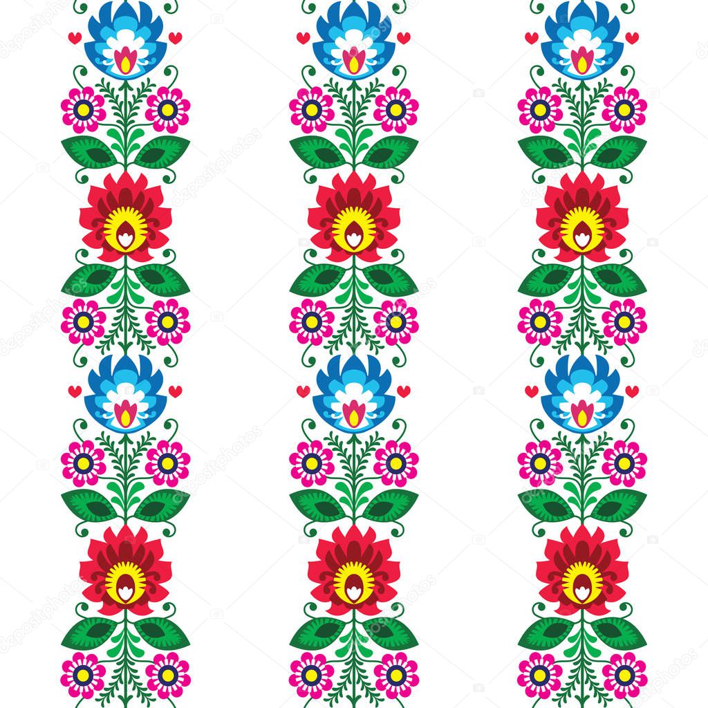 Floral seamless folk art vector pattern - Polish traditional design with flowers - Wycinanki Lowickie. Retro decoration with flowers, Slavic colorful textile or wallpaper design on white, repetitive background from Poland  