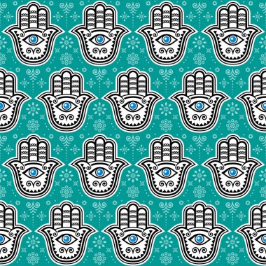 Hamza el, Fatima el vektör seamless modeli, sembol şeytan göz, korunma repetitve arka plan. Boho, Hamsa eller ve çiçek öğe, dekoratif duvar kağıdı ve tekstil tasarımı ile çingene tasarım 