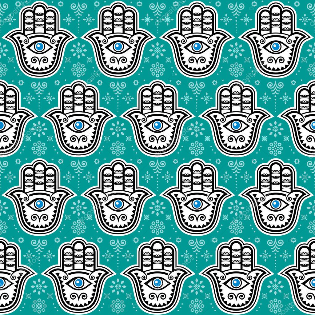 Hamsa hand, Hand of Fatima vector seamless pattern, symbol of protection from devil eye, repetitve background. Boho, gypsy design with Hamsa hands and floral element, decorative wallpaper or textile design 