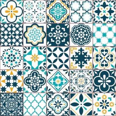 Lizbon geometrik Azulejo döşeme vektör deseni, Portekizce veya İspanyol retro eski mozaik, Akdeniz sorunsuz turkuaz ve sarı tasarım döşer.