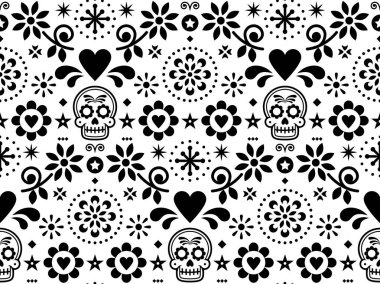 Şeker kafatası vektör seamless modeli tarafından Meksika Halk sanat ilham, Dia de Los Muertos tekrarlayan siyah ve beyaz tasarım.