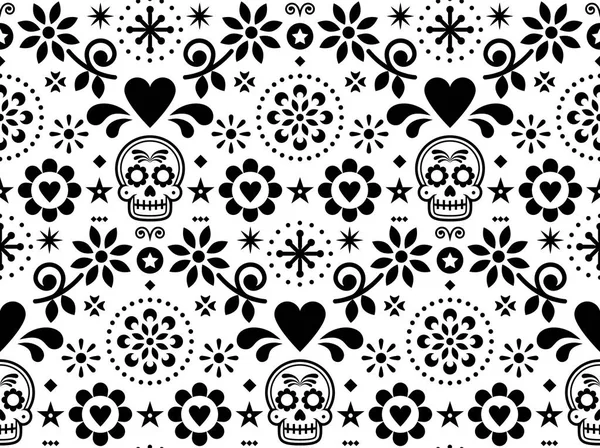 糖头骨矢量无缝模式灵感来自墨西哥民间艺术 德洛斯穆尔托斯重复设计黑白 — 图库矢量图片