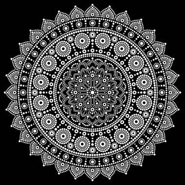 Mandala vektör tasarımı, yerli nokta resim stili, Avustralya..... .sokak sanatı boho tarzı siyah arka plan üzerine beyaz. Kırmızı ve pembe Avustralya'dan geleneksel sanat esinlenerek mandalalar nokta deseni 