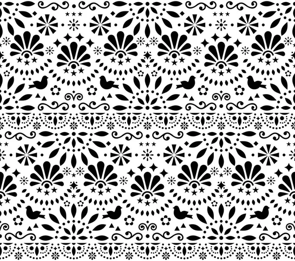 Mexican Traditional Folk Art Vector Seamless Geometric Pattern Flowers Birds — Stock Vector