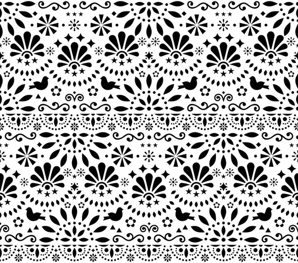 Mexican traditional folk art vector seamless geometric pattern with flowers and birds, black and white fiesta Mexican Traditional Folk Art Vector Seamless Geometric Pattern With Flowers And Birds, Black And White Fiesta