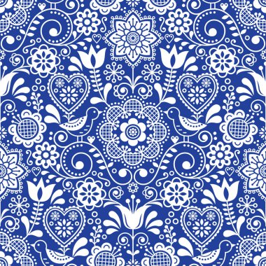 Sorunsuz Halk sanat vektör desenle kuşlar ve çiçekler, üzerinde Lacivert beyazlı İskandinavyalı tekrarlayan çiçek tasarım. Retro tarzı Lacivert süsleme, SCANDI şirin arka plan Tekstil tasarımı, duvar kağıdı için mükemmel
