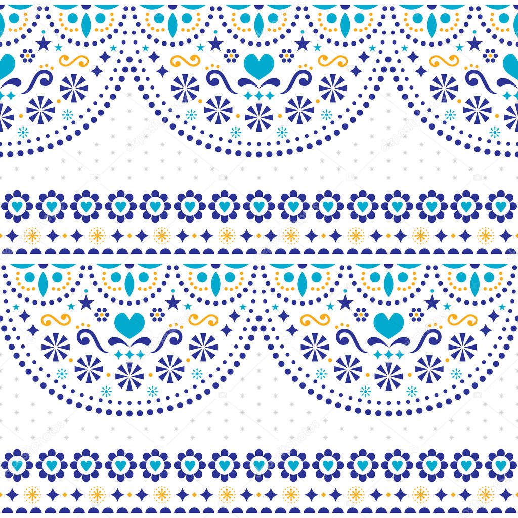Mexican folk art vector seamless pattern with flowers and geometric shapes, repetitive textile design