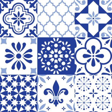 Lizbon Indigo vektör seamless modeli, Portekizce Azluejo mavi ve mavi deniz kuvvetleri tasarımında fayans
