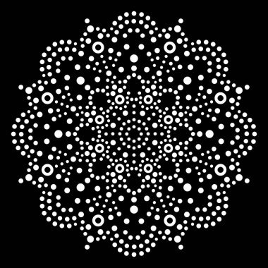Nokta sanat vektör mandala, geleneksel Aborjin nokta resim tasarım, Avustralya yerli dekorasyon. Nokta, daireler, siyah zemin üzerine beyaz Avustralya geometrik bileşiminde etnik ile soyut mandala 