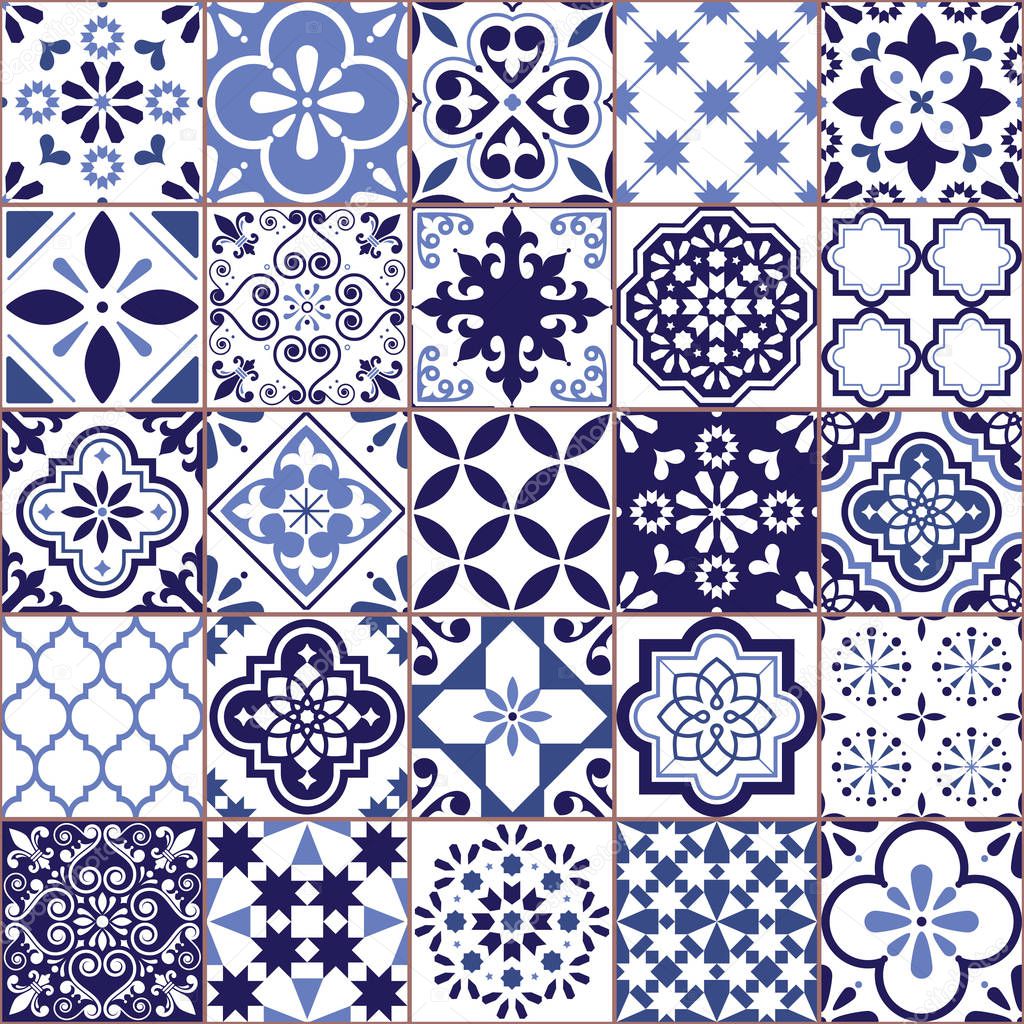 Portuguese vector Azulejo tile seamless pattern, Lisbon retro old tiles mosaic, Mediterranean repetitive navy blue textile design. Ornamental pretty background inspired by Spanish and Portuguese traditional tiles with flowers and geometric shapes