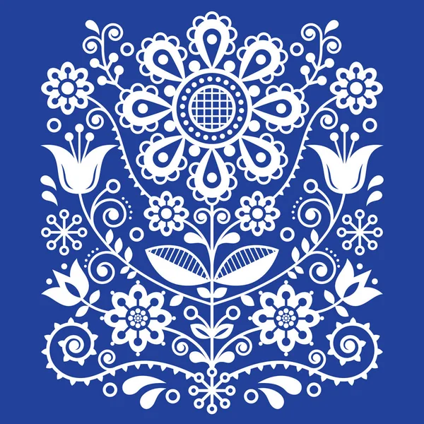 スカンジナビア ベクトル民芸パターン 花柄のレトロな飾りデザイン 北欧スタイル エスニックな装飾 伝統的な飾りの葉 レトロなチューリップ紺背景上に白の花刺繍 — ストックベクタ
